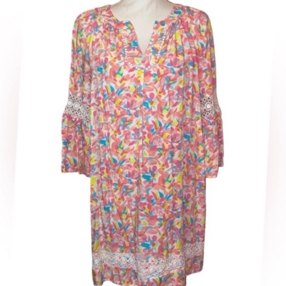 CROWN & IVY Whimsical Spring Mini Dress Bell Sleeves PNK/MLT SZ Petite X-LARGE